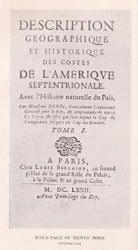 Title page of "Description Geographique et Historique des costes de l'Amerique septentrionale" by Nicolas Denys