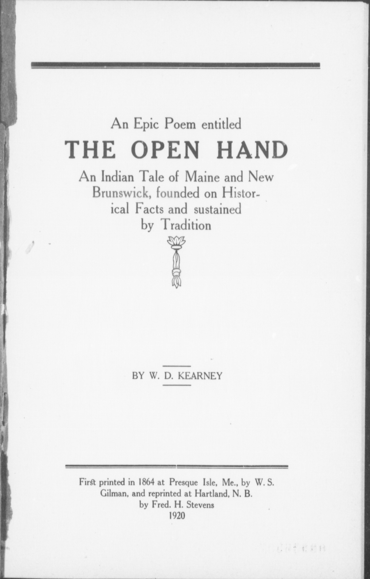Frontispiece of "An epic poem, entitled The open Hand" by W.D. Kearney